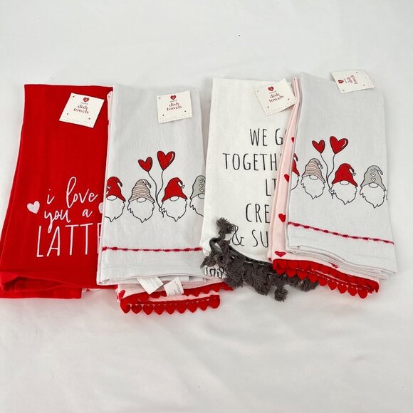 Valentines Day Gnome Dish‎ Towels Set Of 8 100% Cotton Red & White - Picture 1 of 9